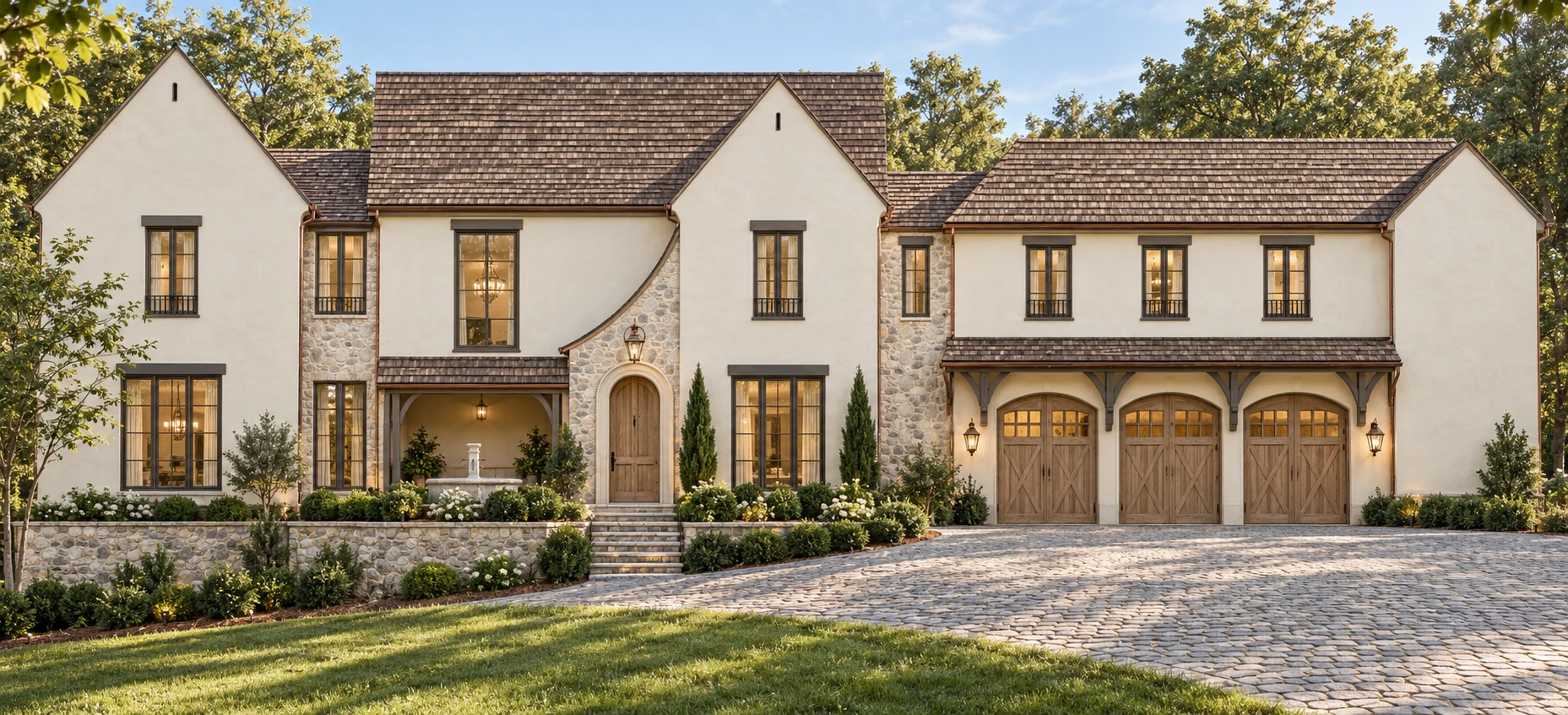 219 Luberon Lane — conceptual front rendering with creamy stucco, natural stone, and wood doors